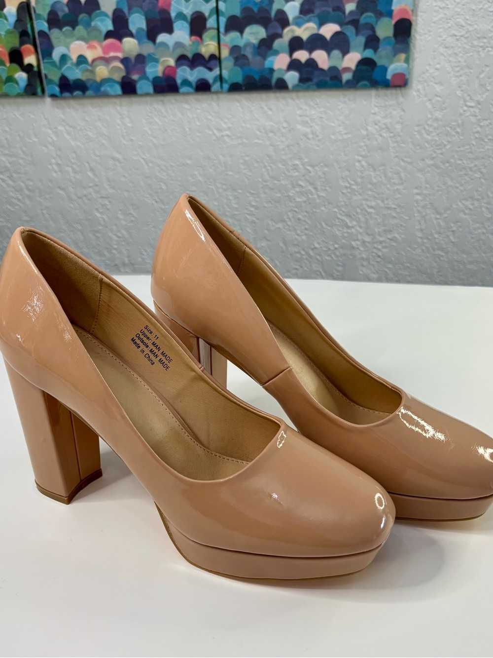 New York & Company Nude Patent Platform Block Heels